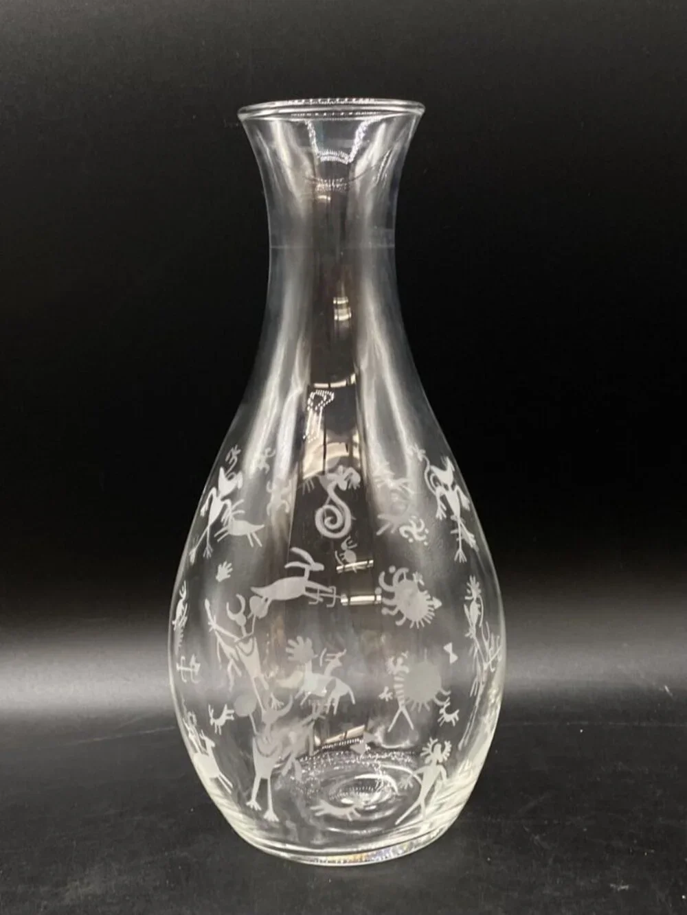 Etched Petroglyph Cave Drawings Clear 9” Tall Wine Carafe